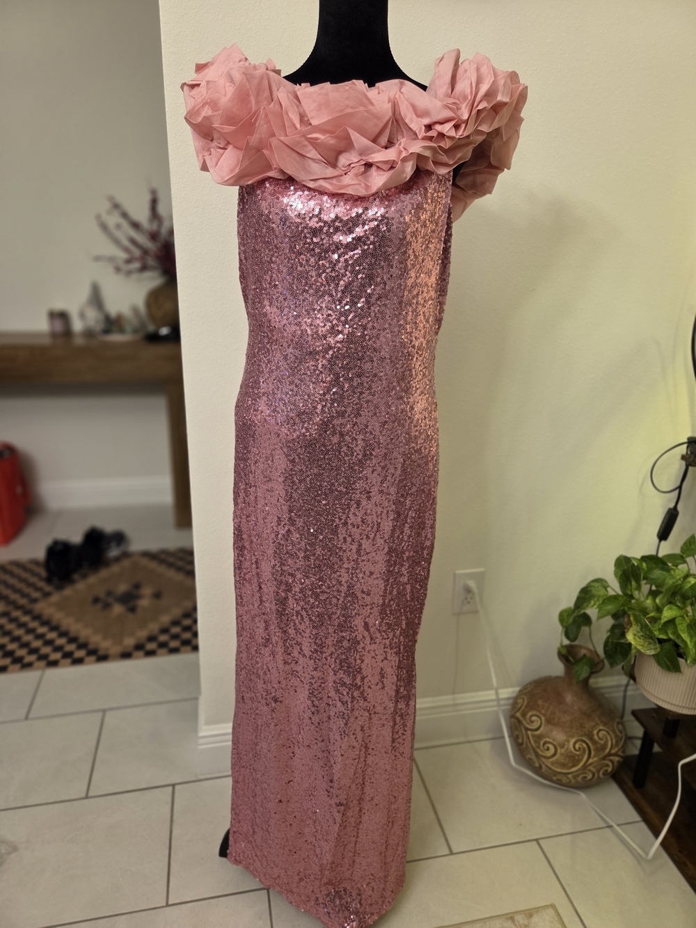 One-Shoulder Rose Pink Sequin Evening Gown with Ruffled Neckline - Picture 2 of 4